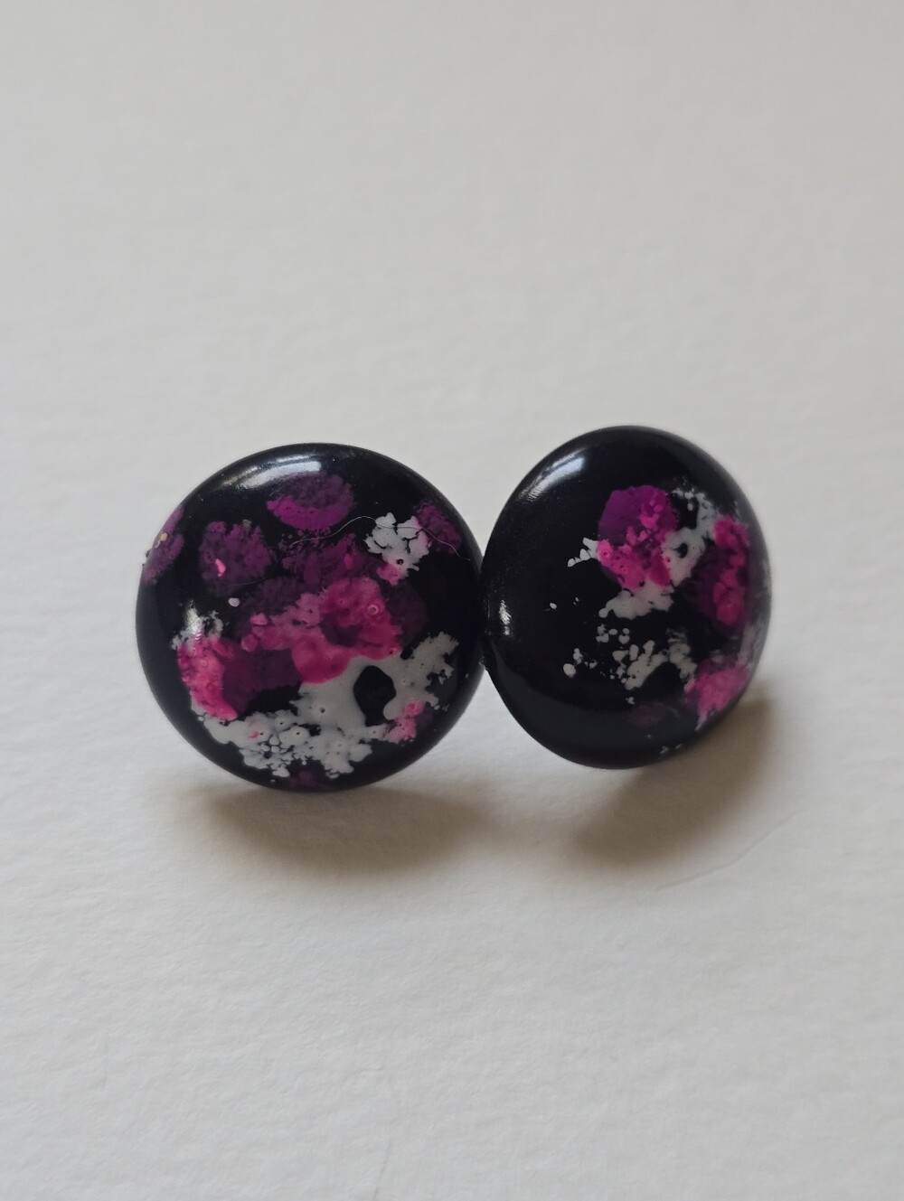 Black Button Stud Earrings with Pink & White Accents